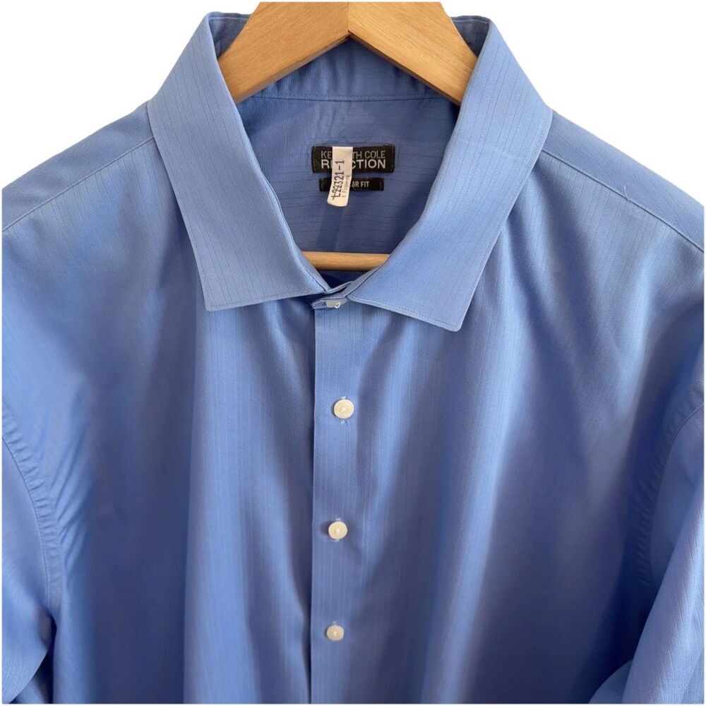 Kenneth Cole Reaction Textured Stripe Dress Shirt 18.5 34/35 Blue Wrinkle Free - Picture 2 of 15